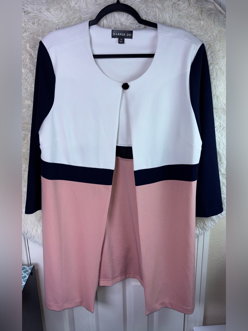 Harper 241 Colorblock Open Front Jacket - White, Navy & Dusty Pink